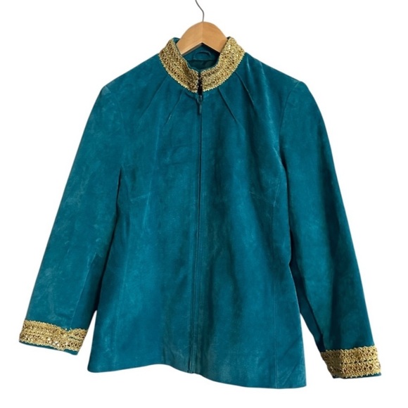 VTG JDS Collection Teal Suede Zip Jacket Gold Trim Women’s Size Small Elegant - Picture 3 of 13
